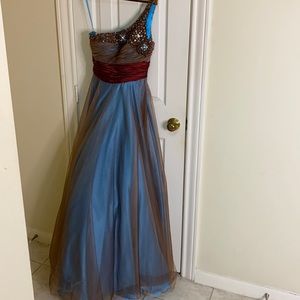 Sapphire blue formal dress with brown overlay.